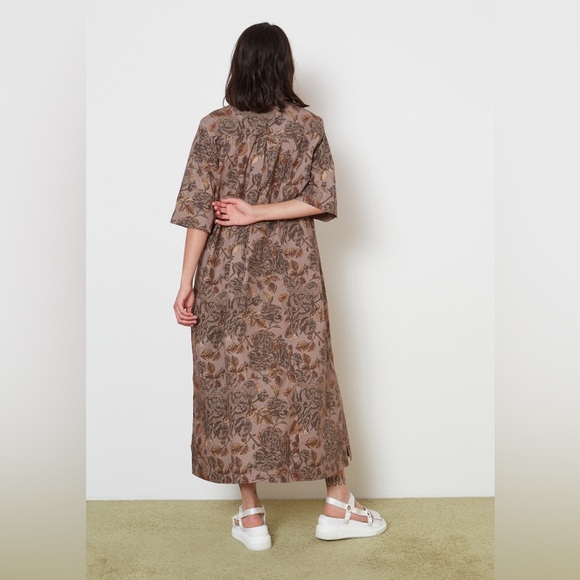 Ganni Printed Cotton Oversized Poplin Maxi Dress Fossil Brown Women's Size 34 - Picture 2 of 16